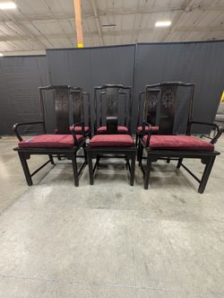 Set of Six Century Furniture INC. Black Lacquer Dining Chair with Burgundy