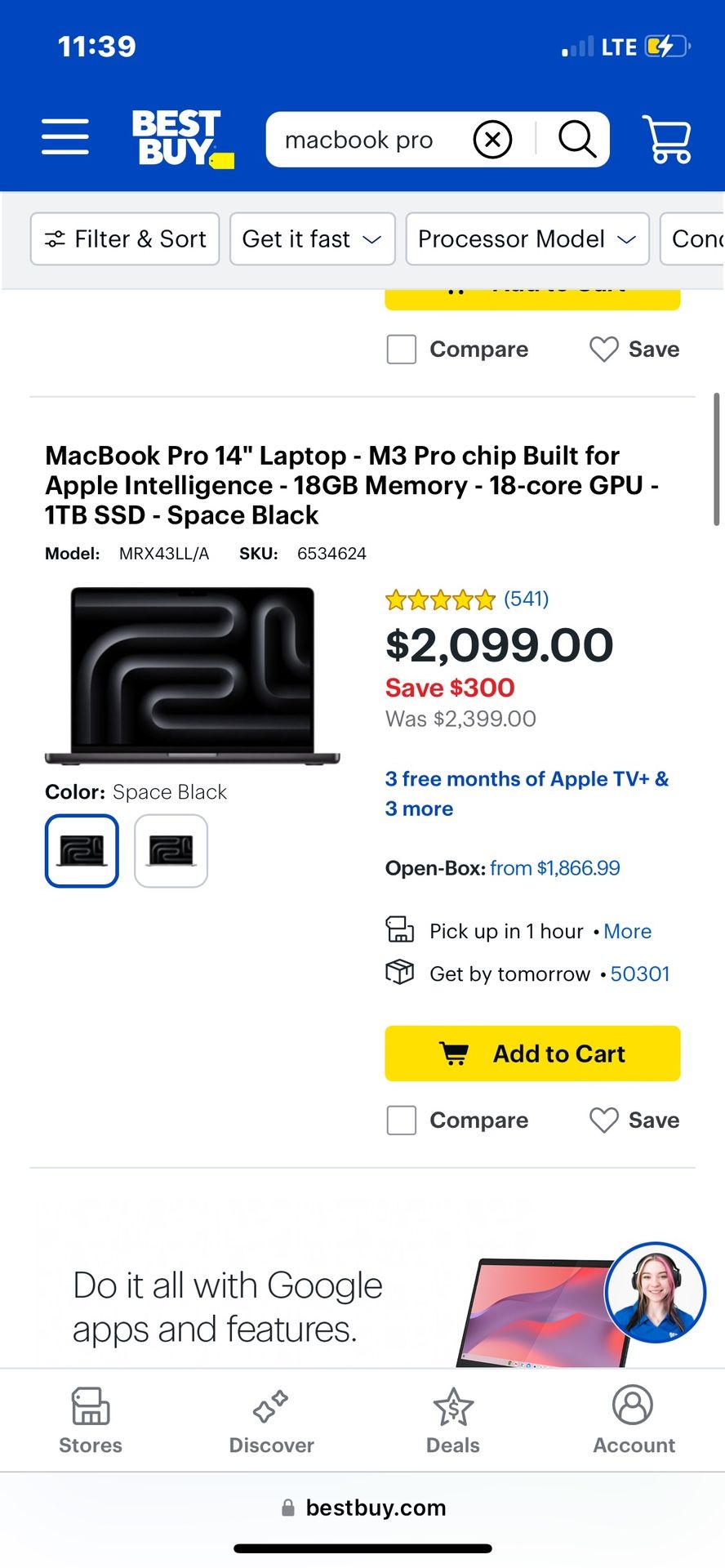 MacBook Pro 14" Laptop - M3 Pro chip Built for Apple Intelligence - 18GB Memory - 18-core GPU - 1TB
