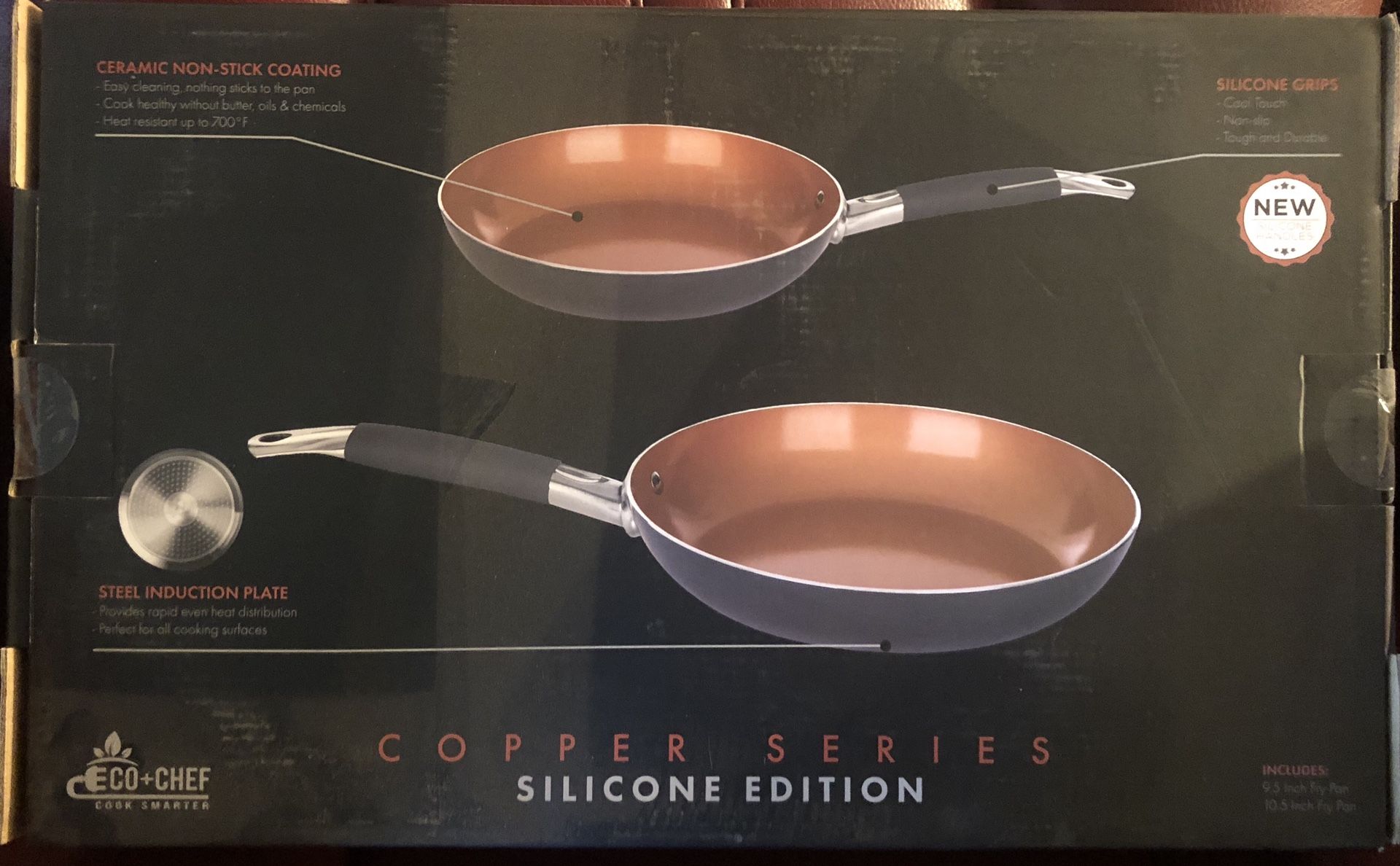 Eco+Chef Copper Series 2 Fry Pan Set Silicone Edition Ceramic Nonstick Cookware NEW
