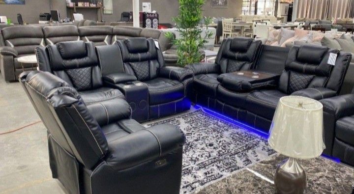 New Encore Black Power Reclining Sofa Loveseat And Recliner With Bluetooth Speaker And LED Lights