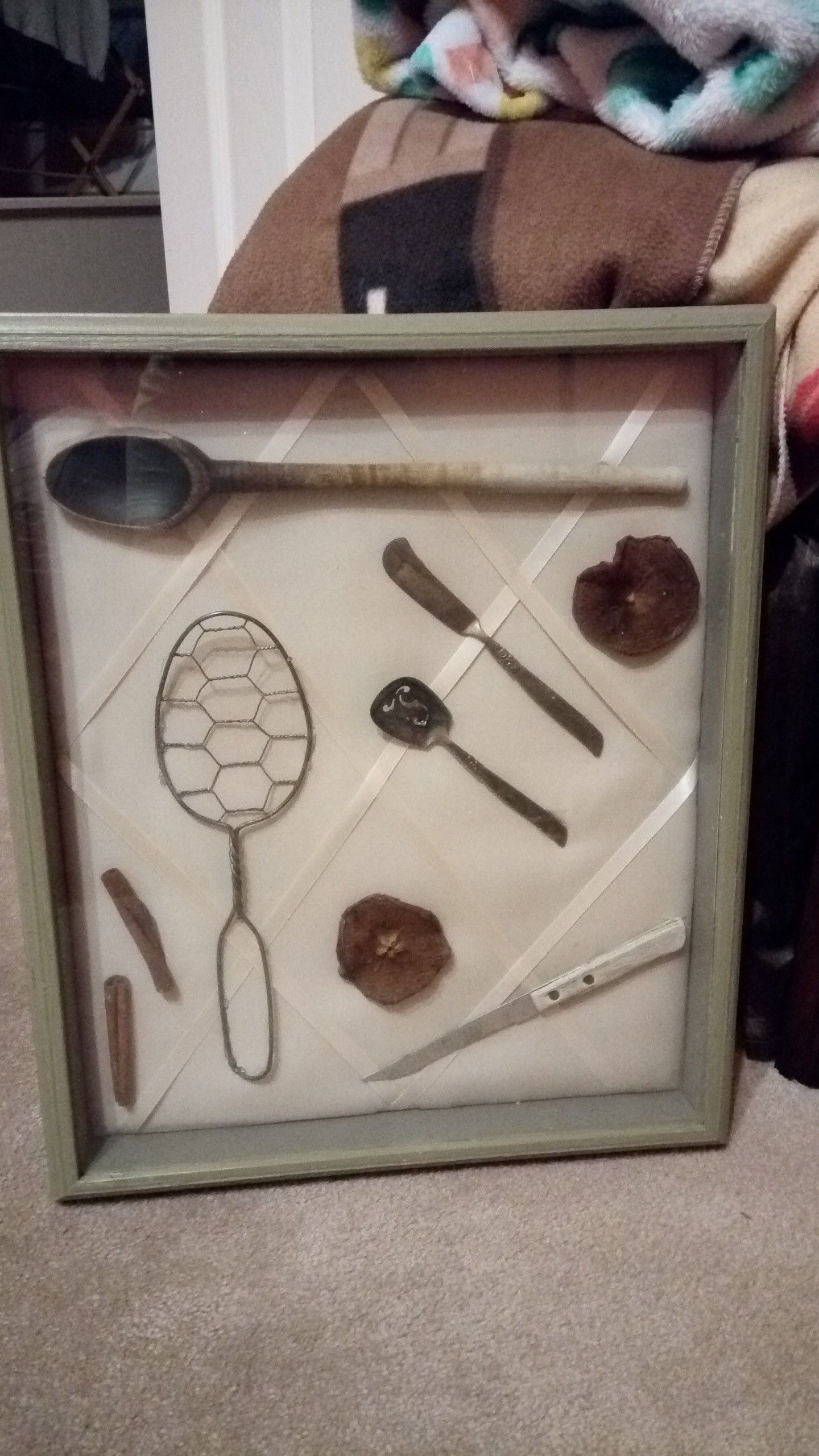 Shadow box with old kitchen Ware. Wall decor