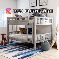 Full/Full Gray Wooden Bunk bed w. Ortho Mattresses Included 