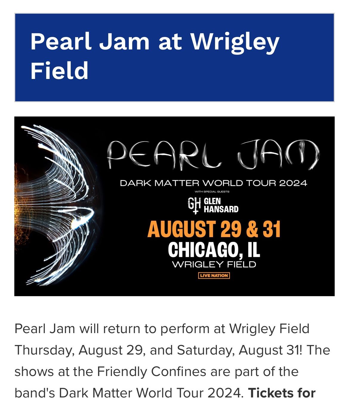 Pearl Jam At Wrigley - Saturday 8/31/24