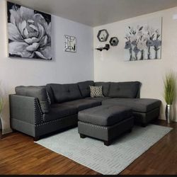 Grey Linen Sectional Sofa With Ottoman NEW 
