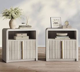 Nightstand Set of 2, 23.6" Fluted Night Stand with 2 Drawers, Curve Profile Bedside Table with Solid Metal Handle, Thicken End Side Table for Bedroom,