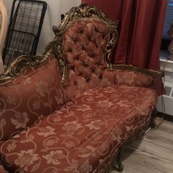 Victorian Tufted Loveseat – Deep Red with Gold Carving
