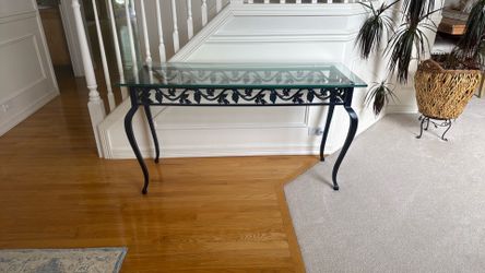 Wrought iron side/ entry way table with glass top