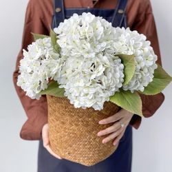 4PCS White Faux Hydrangea Flowers, 21" Vintage Real Touch Latex Silk Hydrangea Artificial Flowers, Fake Flowers for Bouquet Tables Cake Party Outdoor 