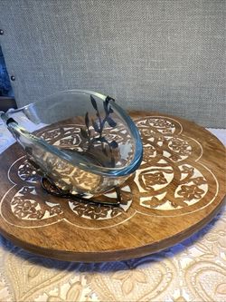 Vintage Style Clear Glass Boat Shaped Bowl Aged Gold Metal Branch Base Centerpiece