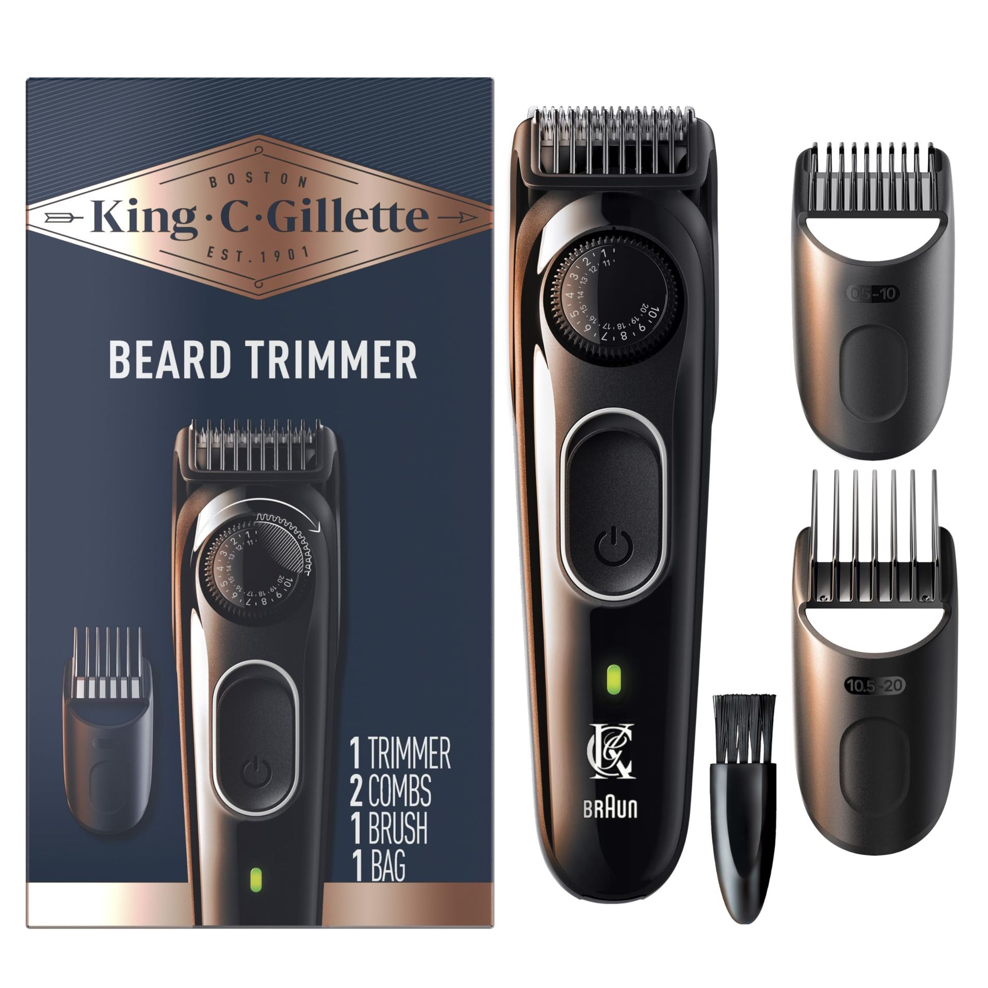 King C. Gillette Cordless Beard Trimmer For Men, Kit Includes 1 Trimmer, 3 Interchangeable Combs, 1 Charger,, BLUE