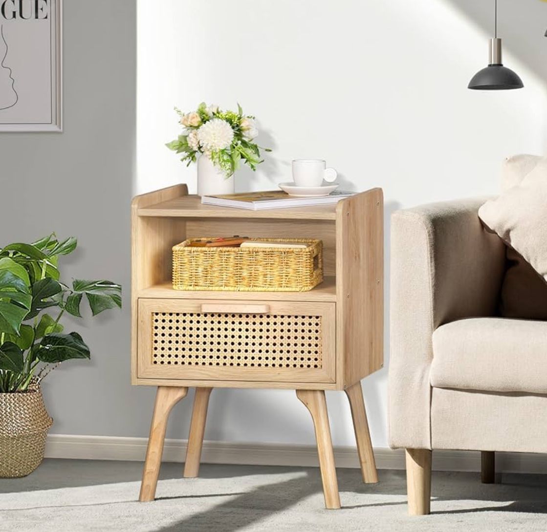 Smuxee Rattan Nightstand with Drawer – Boho Style