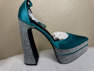 Teal Satin Platform Block Heel Pumps