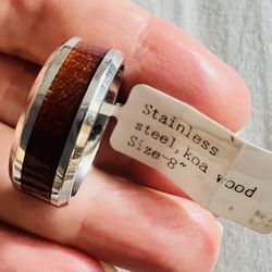 Stainless Steel Koa Wood Wedding Band Ring 