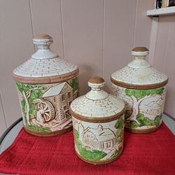 Set of 3 Vintage Ceramic Country Canisters. 1981