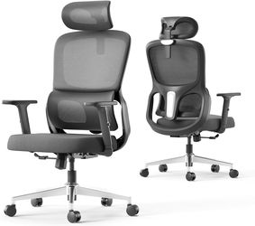Office Chair, Ergonomic Chair with Adjustable 2D Armrest, Swivel Office Chair -Adjustable Headrest with Lumbar Support and PU Wheels Black
