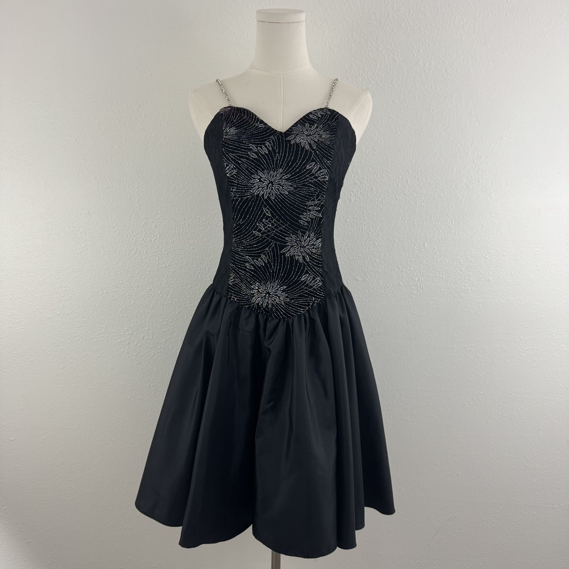 Vintage 90s Black Velvet Silver Floral Glitter Formal Homecoming Mini Dress