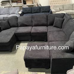 New 113” Chennile Sectional Couch, U-Shaped Sectional Sofa, Couch, Sectionals, Sectional And Ottoman, Couch, Black Sectional, Reversible Chaise Sofa