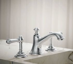 Widespread Bathroom Faucet with Bell Spout and Lever Handles - Includes Clicker Drain Assembly