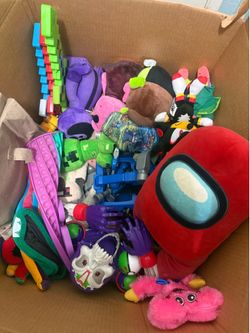 Large box of boys toys and plushies