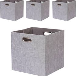 13 x 13 x 13 Inch Storage Bins, Linen Collapsible Storage Box with Handles, Foldable Organization Basket, Set of 4 Large Capacity Baskets for Closet, 