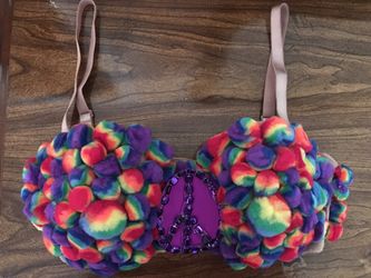 Handcrafted decorated rainbow pom Pom costume bra