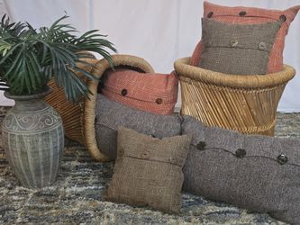 Pair of Hand Woven Square Wicker Rattan Stools Chevron Pattern Brown