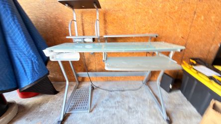 LEDA Glass Computer Desk with Shelves & Built-In Power Station
