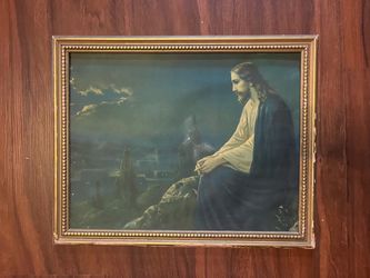 Vintage Lithograph print, Jesus on Mount Olives, Original Frame