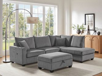 107"W Dark Gray Corduroy Sectional Sofa with Right Facing Chaise, USB Charging Port, Storage Ottoman, and Pillows