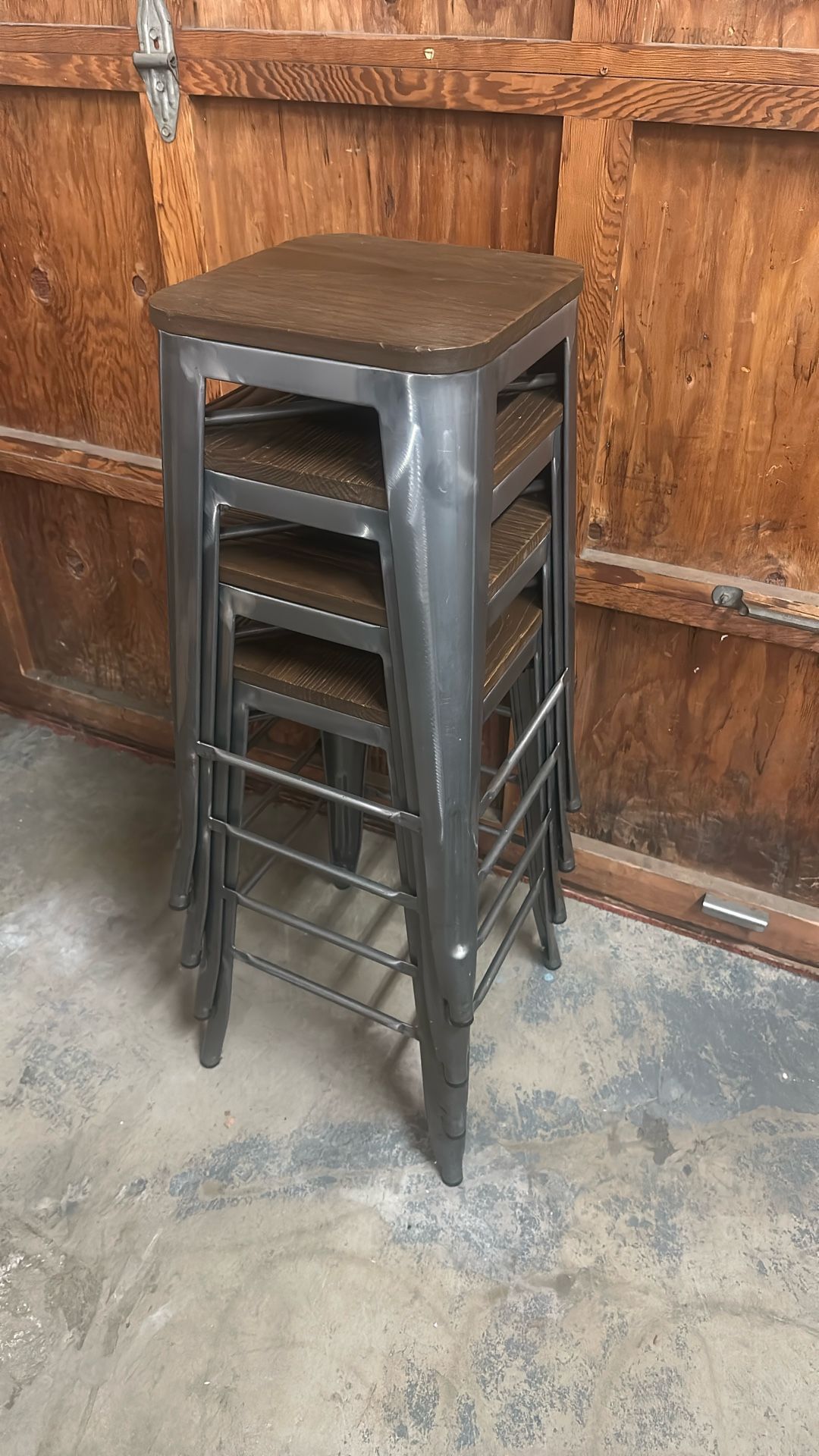 4 Stackable Metal Backless Bar Stools with Wood Seat
