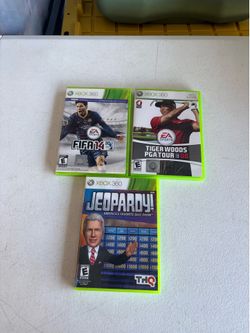 Xbox 360 FIFA 14, Tiger woods PGA Tour 08 , Jeopardy games