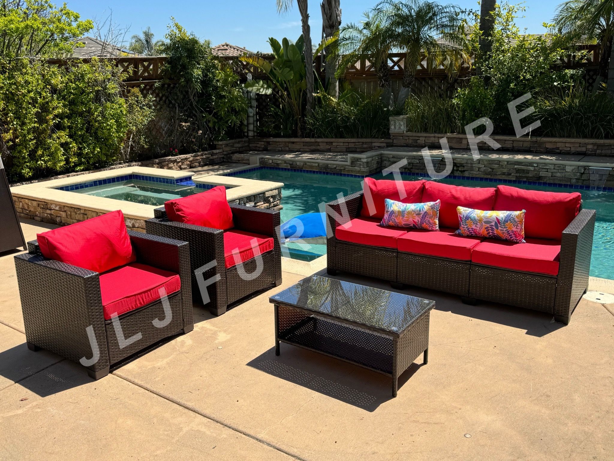 NEW🔥Outdoor Patio Furniture 4 Pc Brown Wicker Red Cushions Conversation Set ASSEMBLED