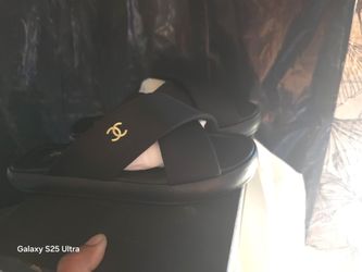 Chanel Black Fabric Criss Cross Puffy CC Logo Slide Sandals.
