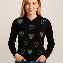  black hooded sweater, sprinkled with shimmering rhinestone heart designs that add the perfect touch of sparkle. 