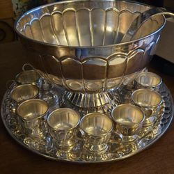 Vintage Silver Plate Punch Bowl,  Tray, Cups, & Ladle 