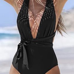 Cupshe Black One Piece Swimsuit Sexy Deep V Neck Solid 