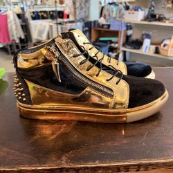J25 Zack Spike Black/Gold Suede and Leather Studded Mid Top Sneakers
