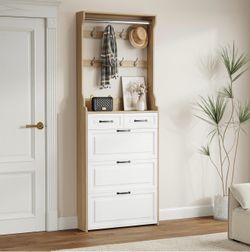 Modern Wood and White Hall Tree with Shoe Cabinet and Coat Rack NEW IN BOX 📦