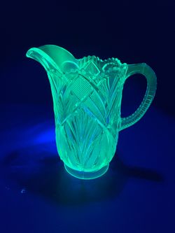 GLOWS!! 1920’s EAPG Manganese Stippled Fans Glass Pitcher