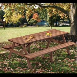 New 8-Person Outdoor 75" Rectangular Wooden Picnic Table w/ 2 Built-in Benche