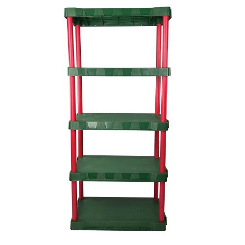 Santa's Little Shelves 13.88"D x 30"W x 68.8"H 5-Shelf Plastic Garage Storage Shelves, Red and Green, 