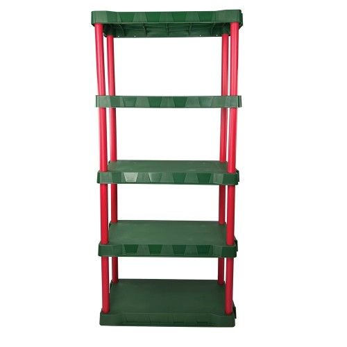 Santa's Little Shelves 13.88"D x 30"W x 68.8"H 5-Shelf Plastic Garage Storage Shelves, Red and Green,