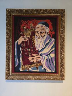 Vintage Framed Judaica Needlepoint - Rabbi with Torah Scroll
