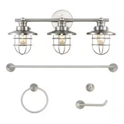 JONATHAN Y Ellis 24 in. 3-Light Industrial Farmhouse Vanity Light with Bathroom Hardware Accessory Set, Brushed Nickel (5-Piece) @A6-303
