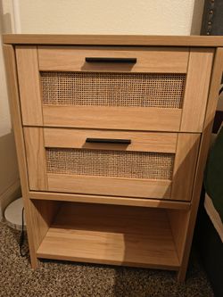 2-Drawer Rattan Nightstand with Open Shelf