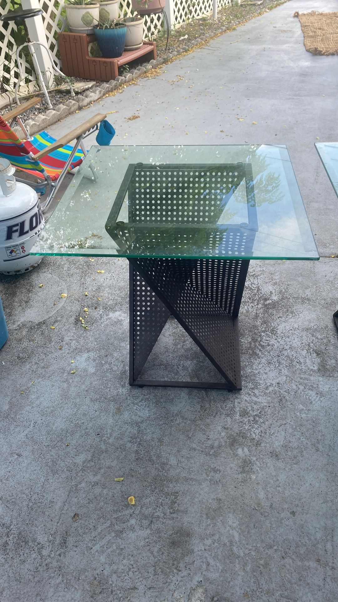 Two aluminum based glass pebble top end tables
