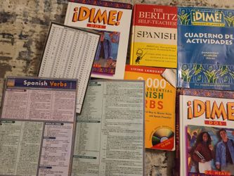 Lot of Spanish lesson books, worksheets, dictionaries, laminated reference guides, childrens