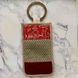 Red Floral Embroidered Velvet Wristlet phone or multipurpose Pouch