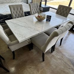  7 piece rectangular marble top dining table set sand 