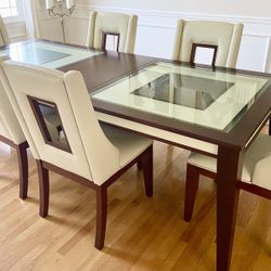 Dining Set with Rectangle Dining Table with Leaf Insert and Set of 8 Chairs Dimensions: 94.5-76.5” x 42"w, leaf: 18"